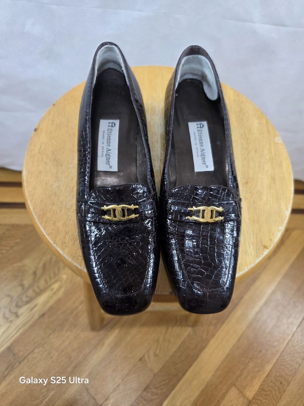 Etienne Aigner Brown Croc-Embossed Loafers with Gold Hardware